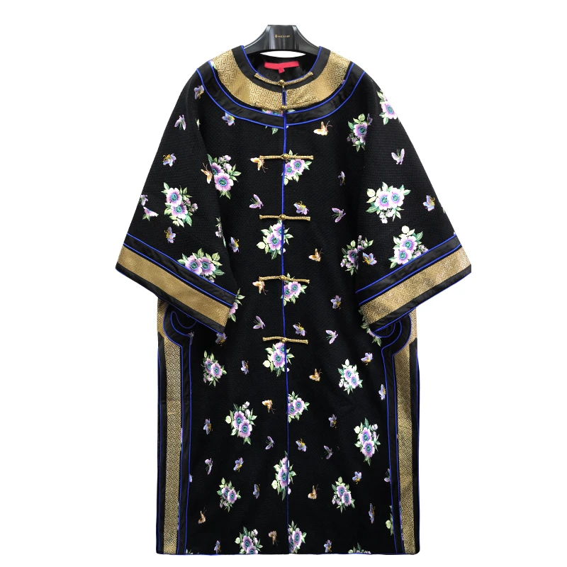 娑尔黑色羊毛大衣宫廷复刻百花刺绣外套SI3WB03373