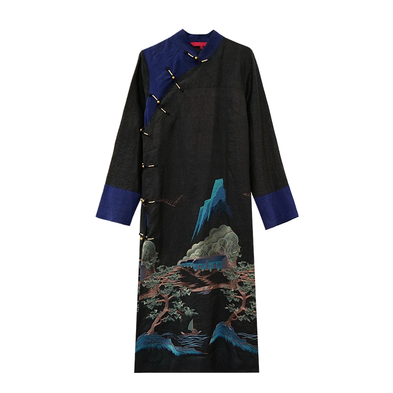 娑尔黑底山水画刺绣连衣裙SG1LB00877