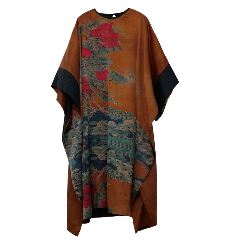 SUOER/娑尔香云纱黄底牡丹海洋印花新中式连衣裙SG2LY01512