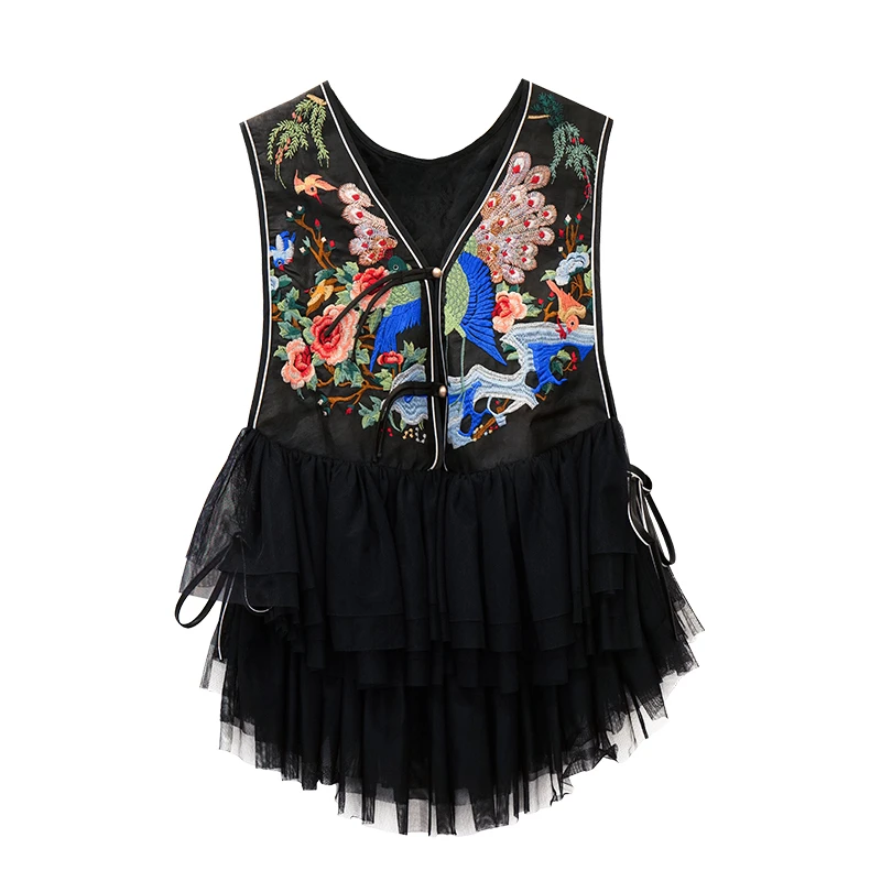 SUOER/娑尔娑尔孔雀开屏刺绣拼网纱马夹SF4LB00601