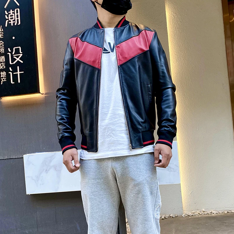 男士新款库存特价痞帅复古拼接头层绵羊皮真皮棒球夹克外套机车款