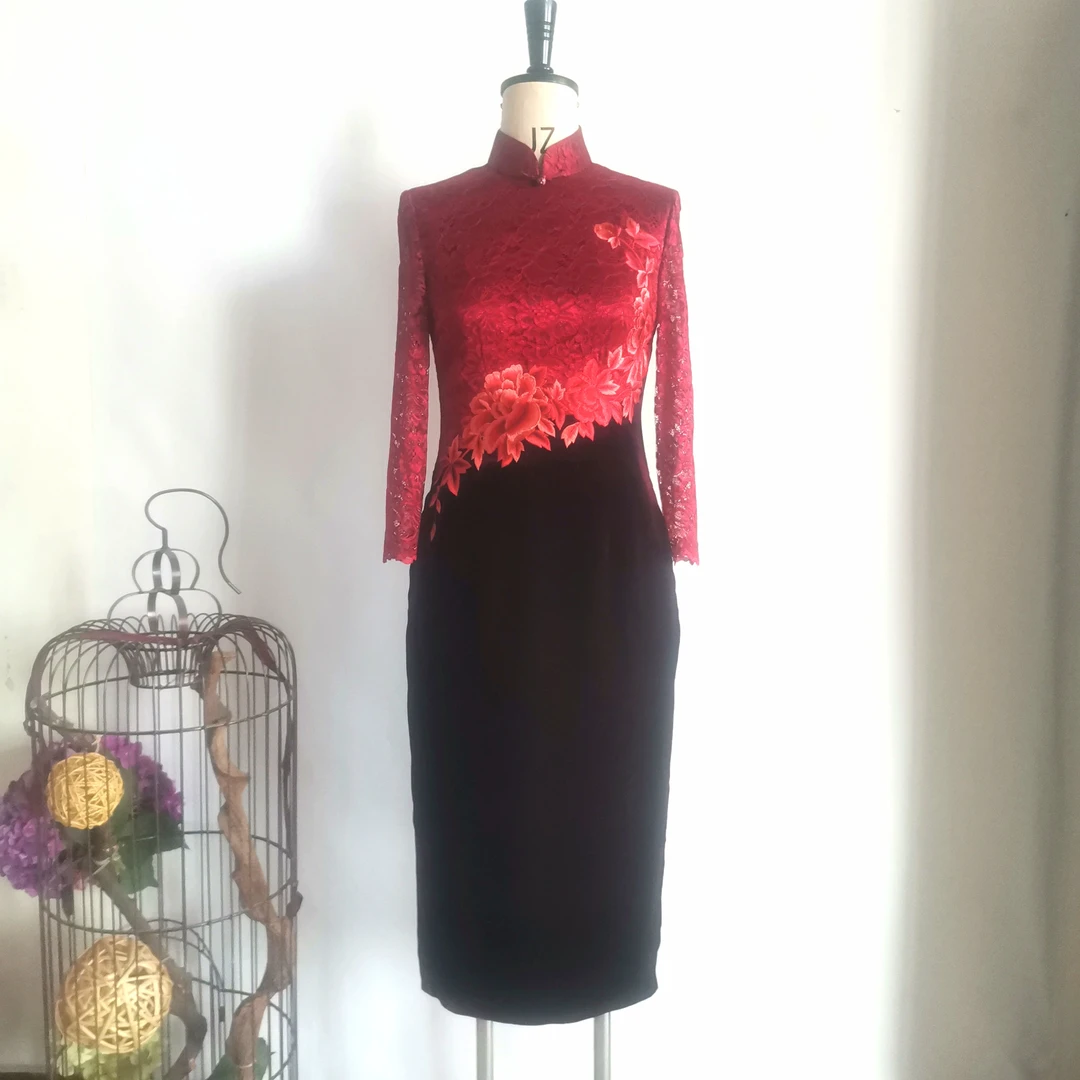 格格气质枣红丝绒撞色蕾丝八分袖秋冬优雅中长旗袍insG83BL020021