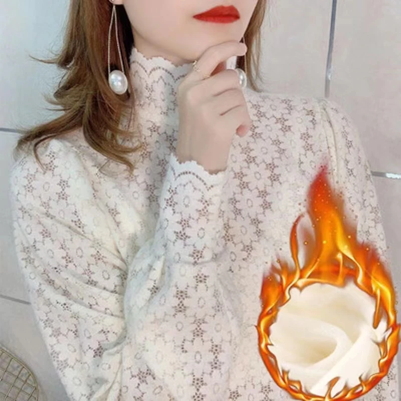 蕾丝打底衫女秋冬新款加绒半高领洋气女装长袖内搭小衫网纱上衣女