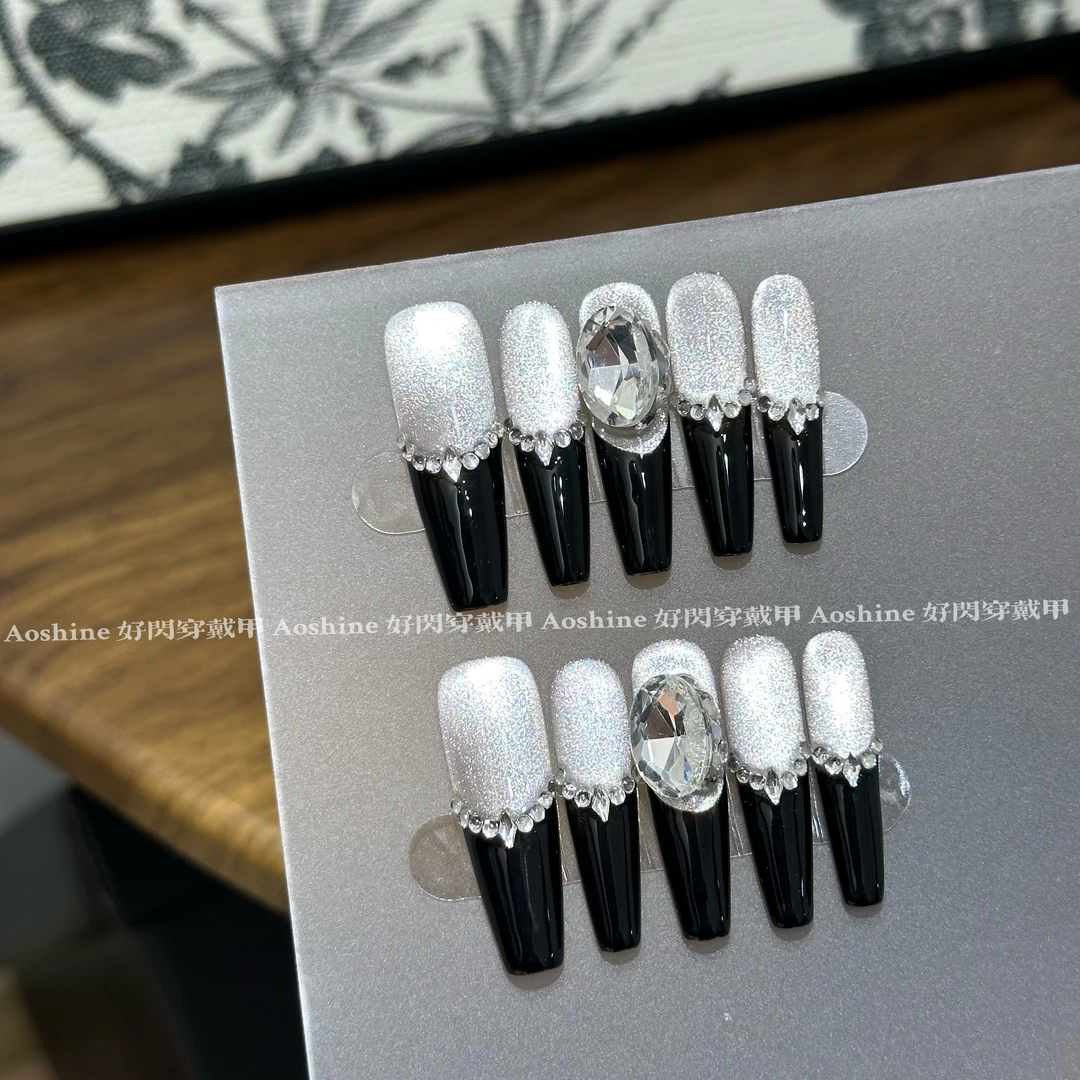 高级黑 | 猫眼款4厘米长梯法式轻奢手工穿戴甲