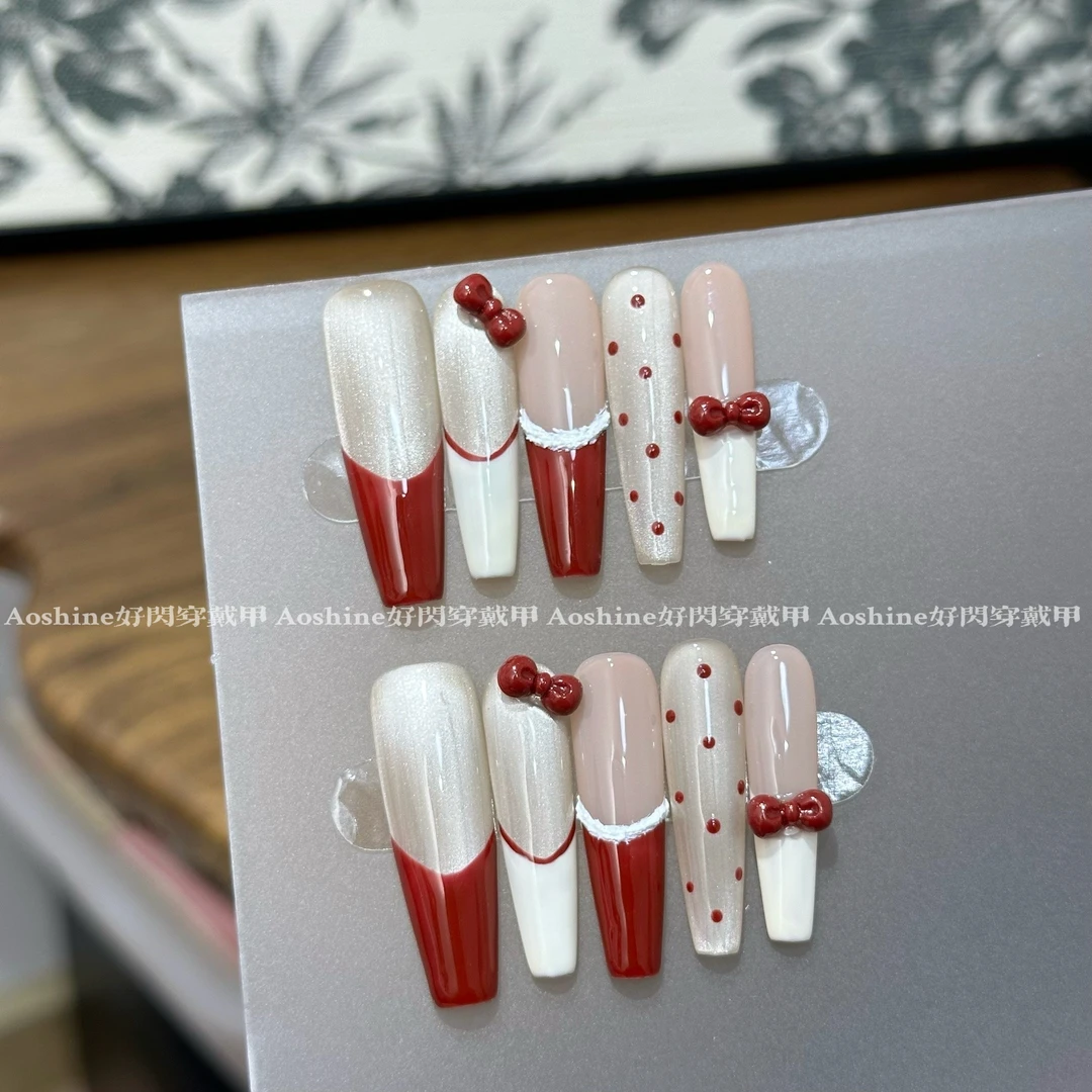 红色战甲 | 红色系猫眼波点法式气质手工穿戴甲