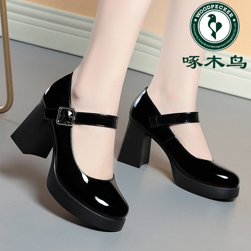 啄木鸟防水台高跟鞋粗跟厚底中年女士皮鞋玛丽珍高跟鞋软底妈妈鞋