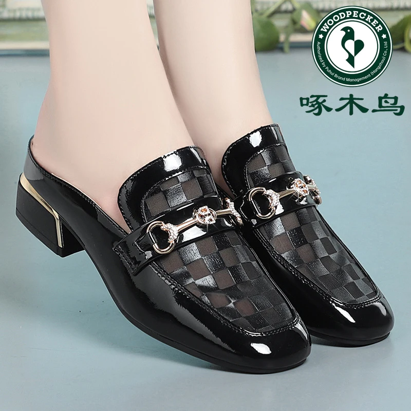 啄木鸟夏季新款穆勒鞋低跟网面拖鞋时尚百搭乐福鞋外穿一脚蹬皮鞋