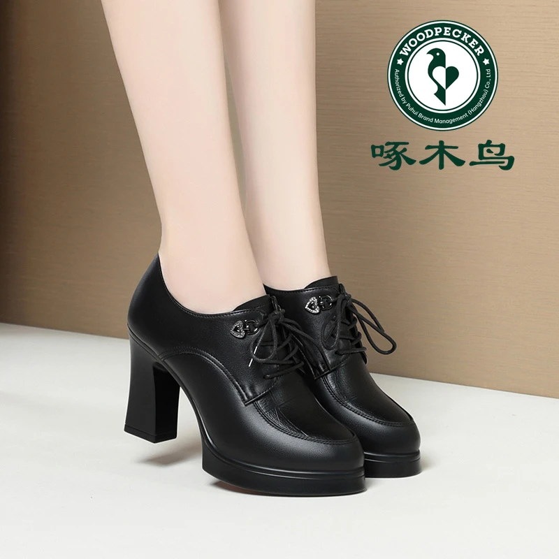 啄木鸟防水台高跟鞋新款中年女士皮鞋粗跟厚底深口单鞋系带妈妈鞋