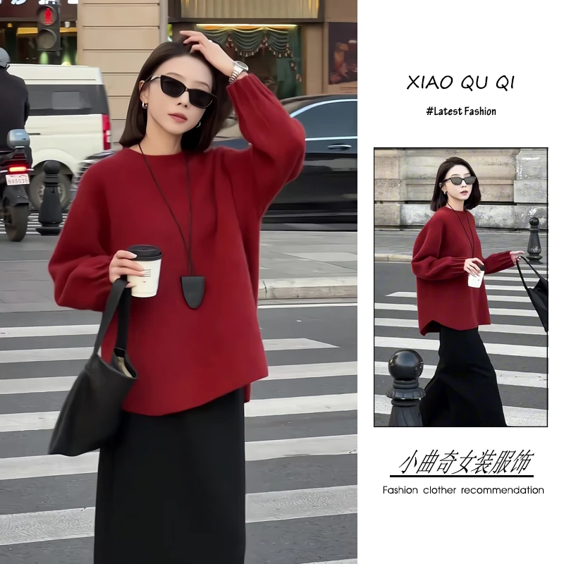 2024年秋冬季韩系复古时尚潮流百搭精品女装红色毛衣半身裙两件套