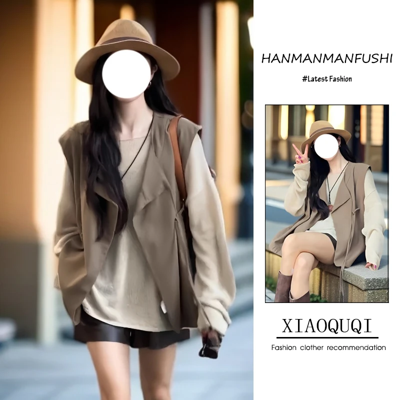 2024年新款女早秋季穿搭一整套港风复古慵懒感毛衣马甲短裤三件套