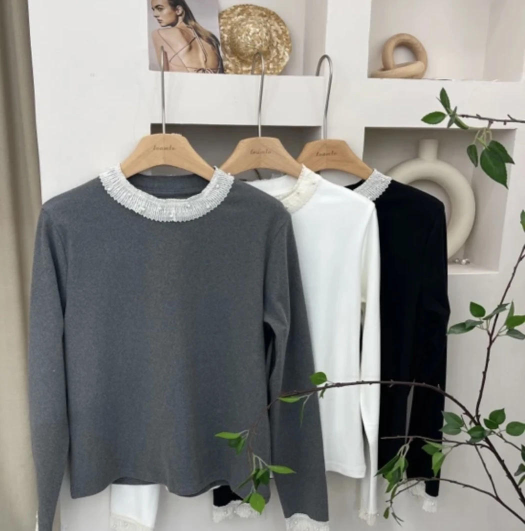 【现货现发】珍珠钉扣双面德绒磨毛宫廷风蕾丝拼接气质显瘦打底衫