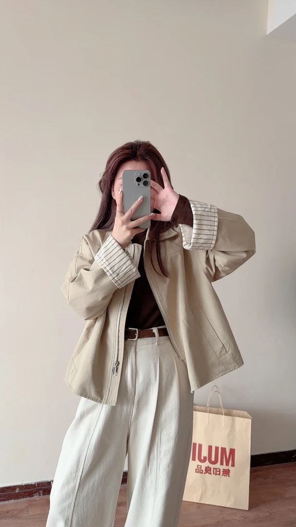 【现货现发】韩系复古条纹袖口翻领拉链短外套小个子短款风衣外套