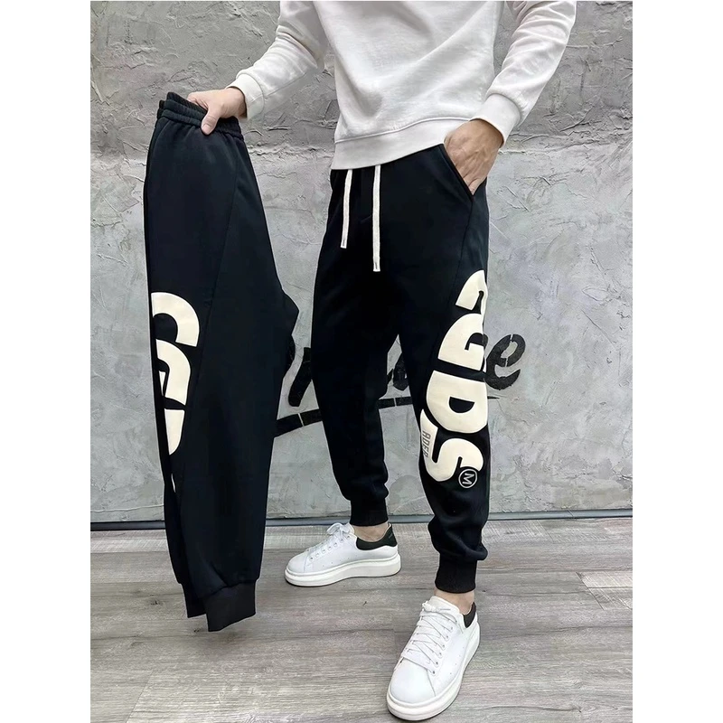潮牌卫裤男士春季新款哈伦裤宽松休闲裤侧条纹印花字母束脚运动裤