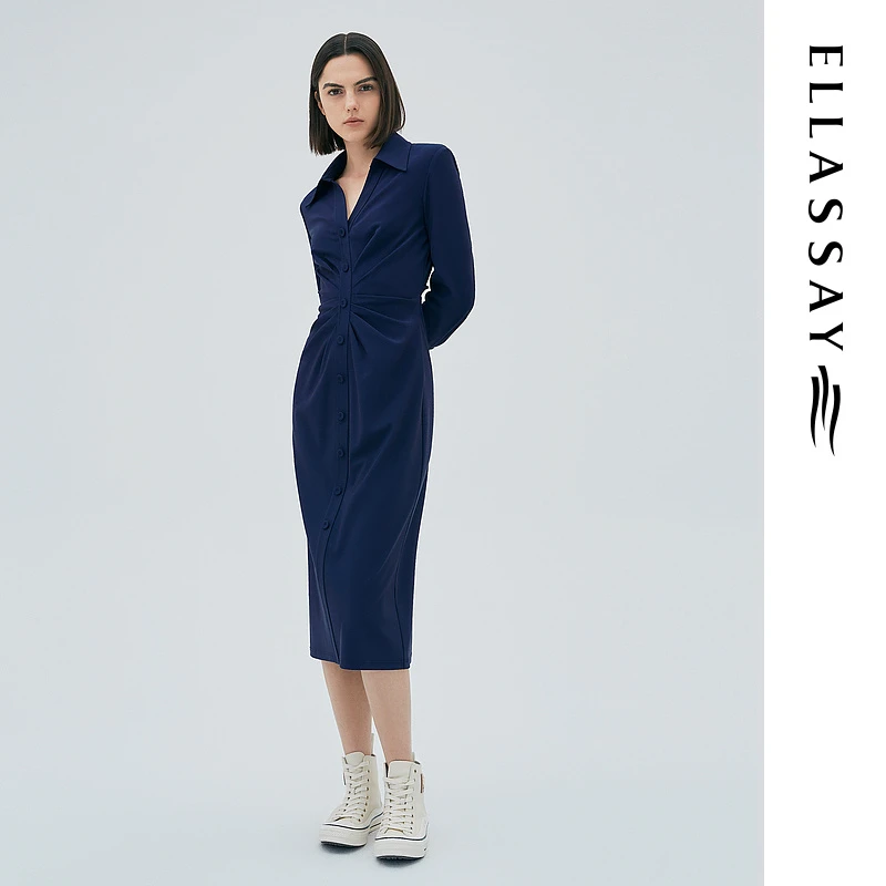歌力思秋冬新款蓝色中长款修身通勤衬衫式连衣裙女EWW333Y03200