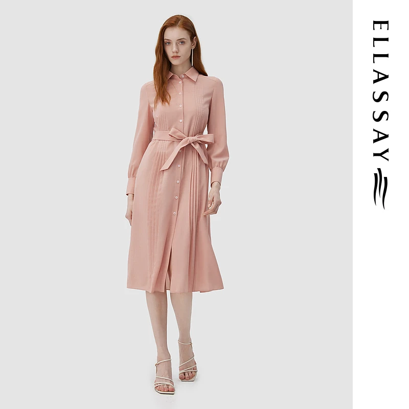 ELLASSAY歌力思新款粉色收腰衬衫连衣裙女EWD343Y01900