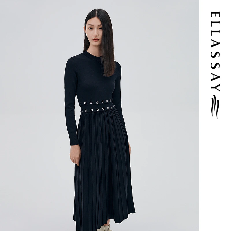 ELLASSAY歌力思秋冬新款长袖黑色修身针织百褶连衣裙EWB334M01200