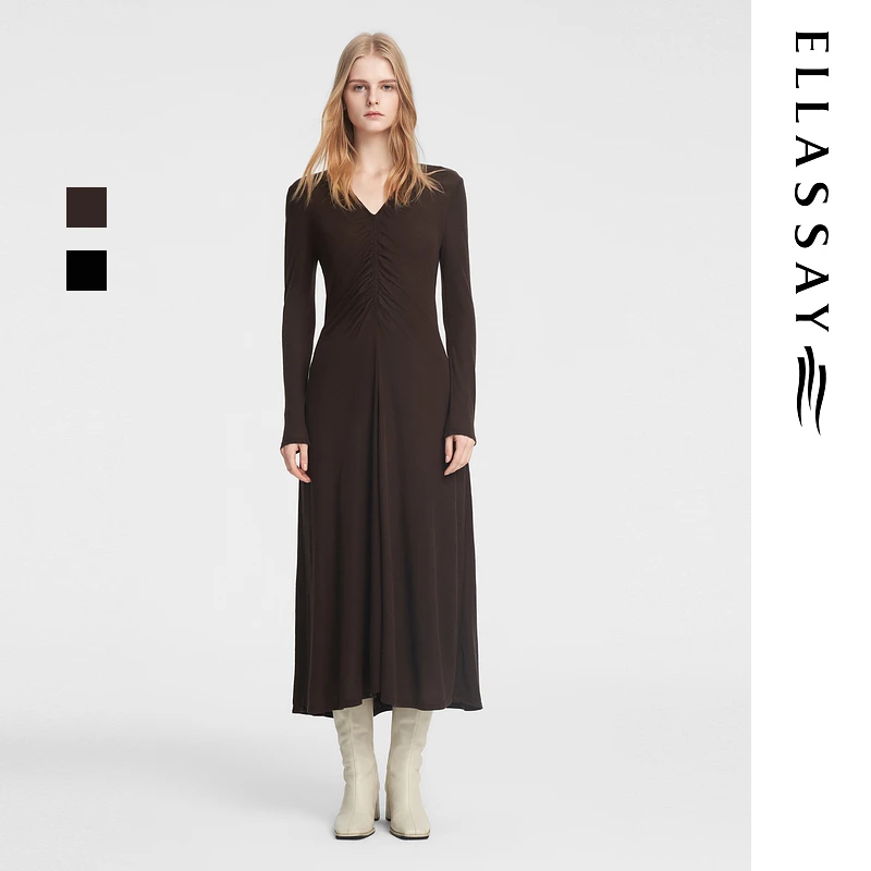 【雅丹风】歌力思2024秋季新款胸前细褶知性连衣裙女EWB353Y01700