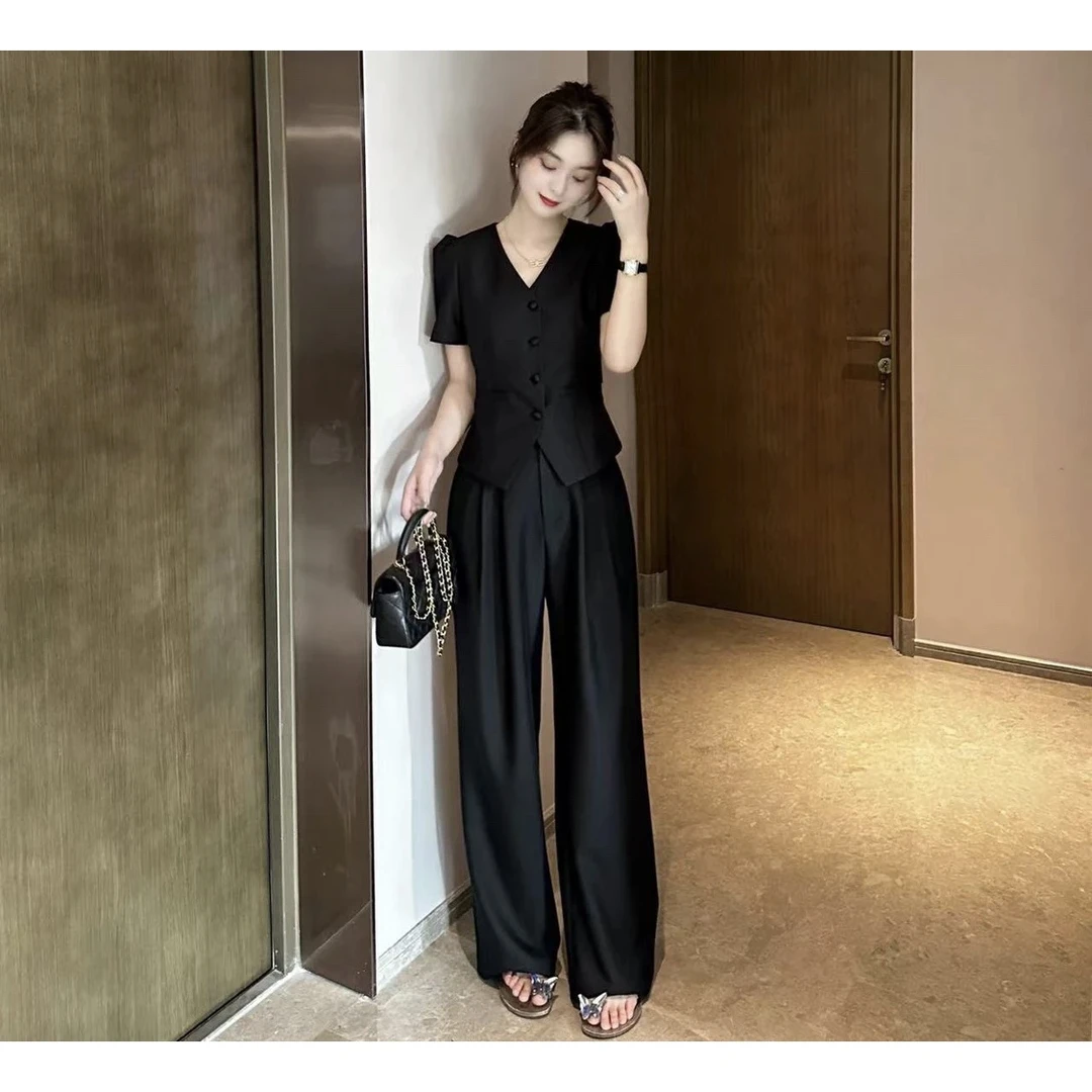 小香风气质职业套装2025新款百搭显瘦短袖上衣休闲阔腿裤两件套