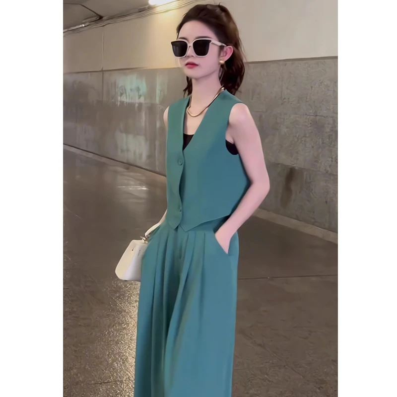 夏装搭配一整套设计感法式V领马甲阔腿裤两件套盐系轻熟套装女潮