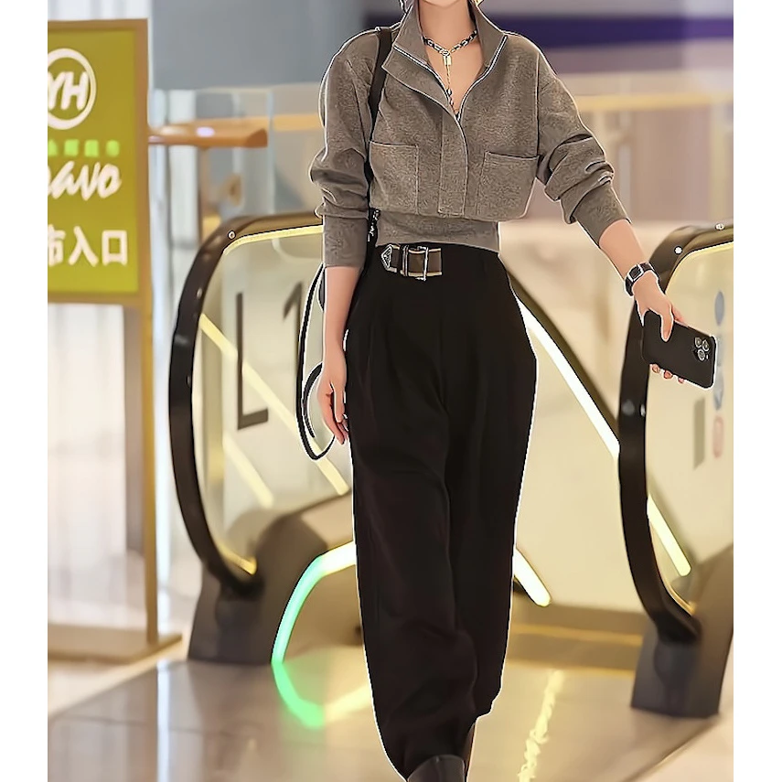 春秋季休闲甜酷穿搭一整套高级感短款半开领长袖显瘦卫衣两件套女