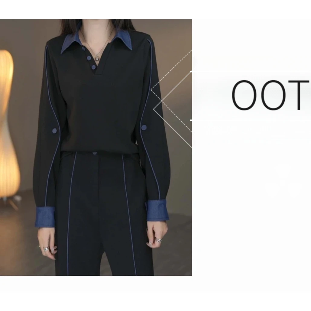 时尚套装女2025秋季新款设计感牛仔拼接长袖翻领上衣阔腿裤两件套