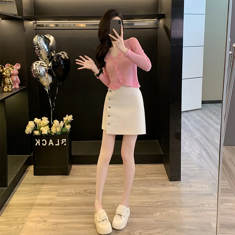 薄款韩系慵懒风针织开衫冰丝2025新款气质时尚白色牛仔裙一整套女