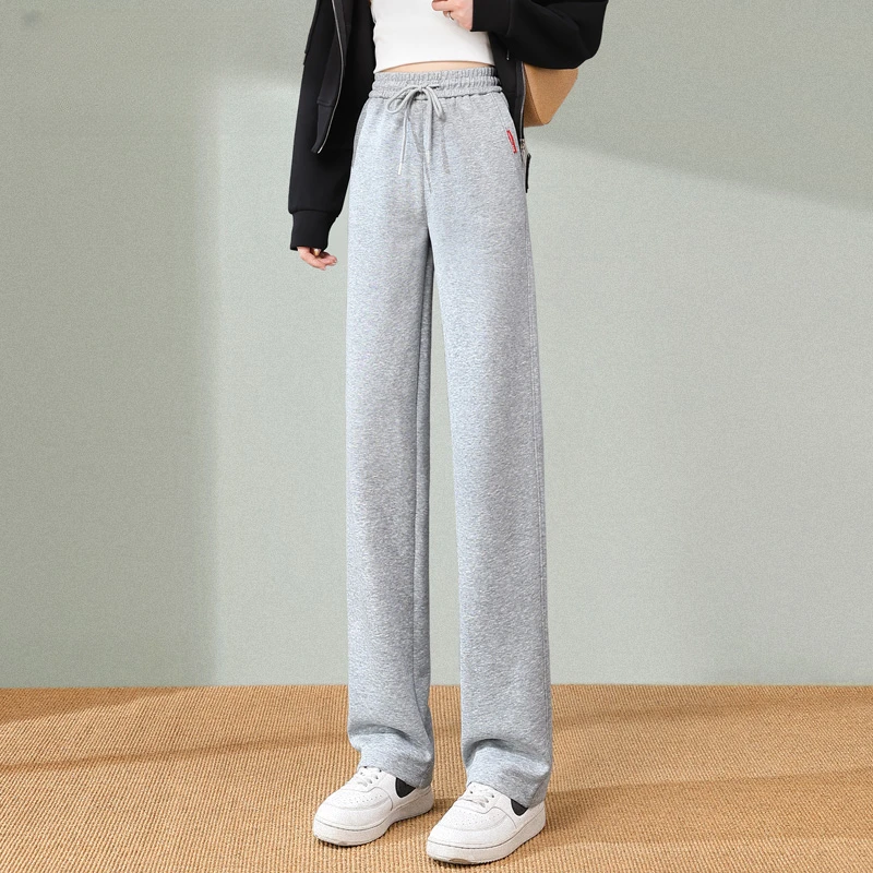 灰色运动裤女秋冬2024年新款高腰宽松直筒小个子休闲窄版阔腿卫裤
