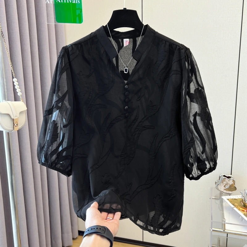 黑色短袖雪纺衫女t恤2024夏季新款时尚洋气蕾丝衬衫宽松遮肚上衣