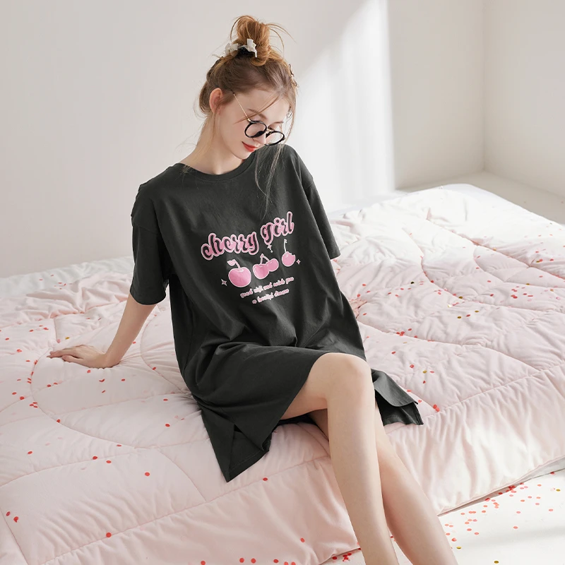 芬腾睡裙女夏季新款纯棉带胸垫短袖睡衣裙女款大码全棉短裙家居裙