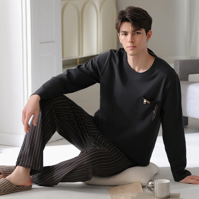 芬腾新款睡衣男春秋长袖套装男士青年春季宽松休闲全棉家居服