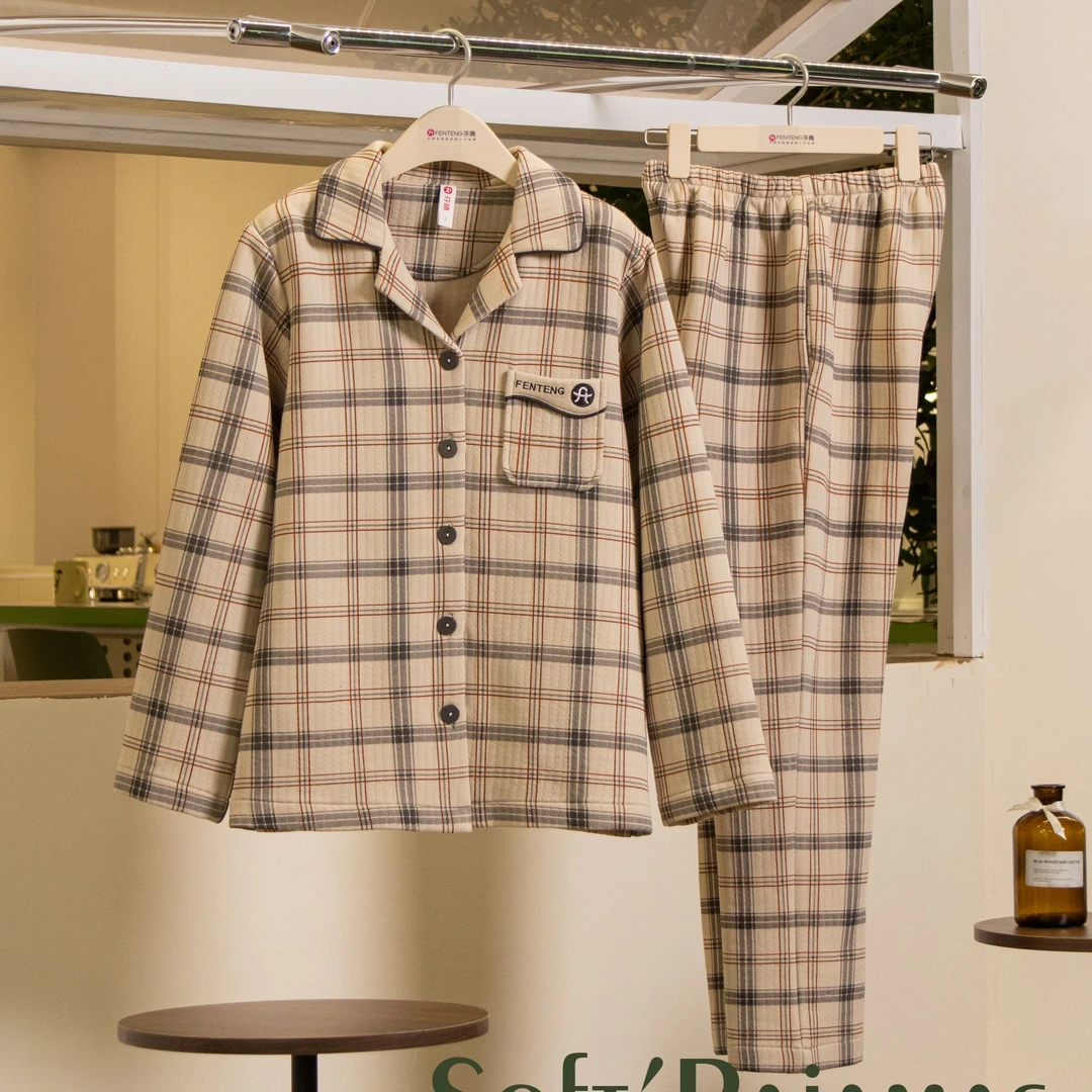 芬腾情侣睡衣空气棉夹层针织薄夹棉秋冬长袖纯棉套装加大码家居服