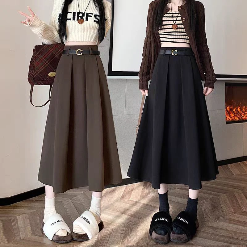 送腰带半身裙秋冬女a字冬裙中长裙新款赫本风高级感毛呢裙66889