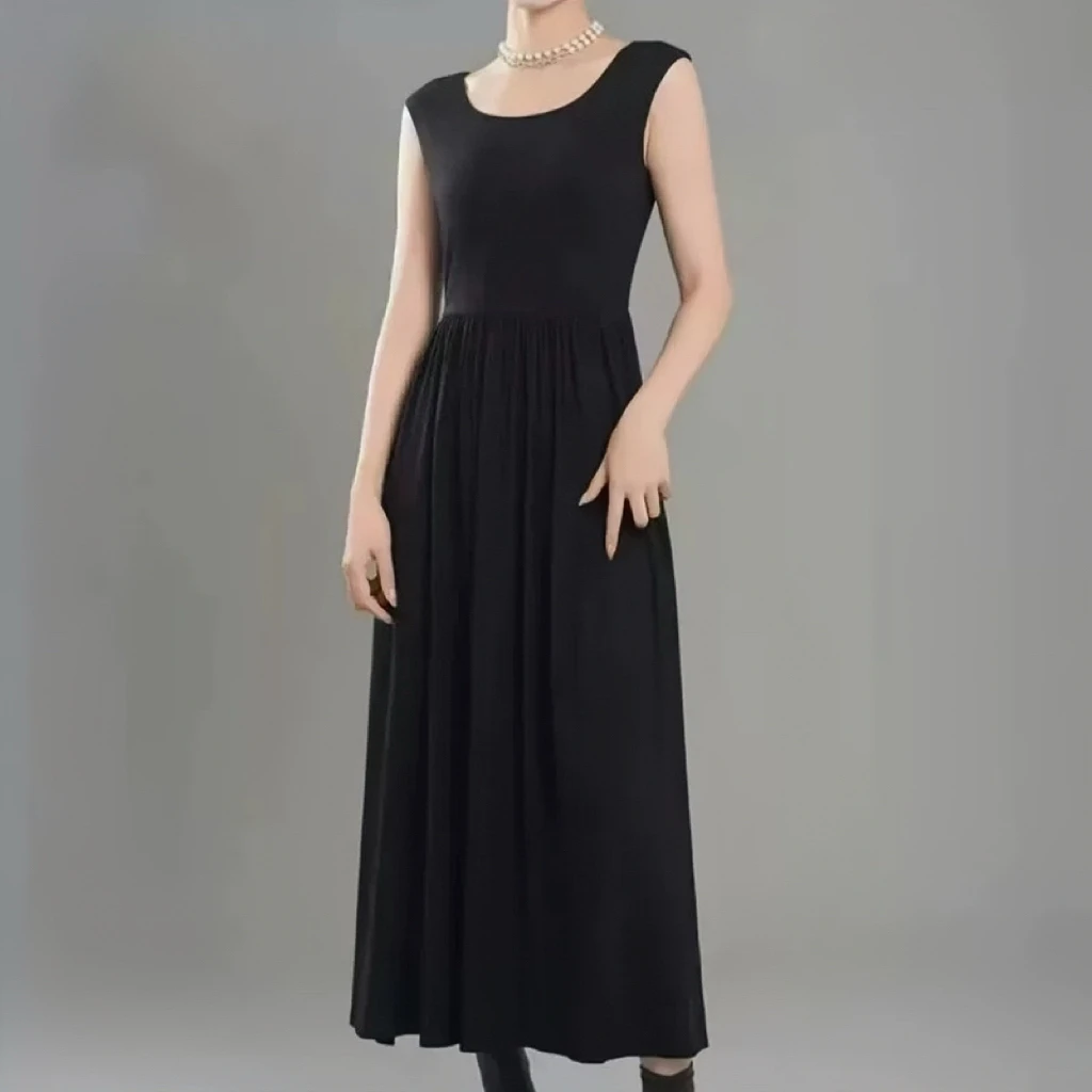 阿玛施【官方正品】法式赫本风小黑裙拼接无袖连衣裙垂坠感550031