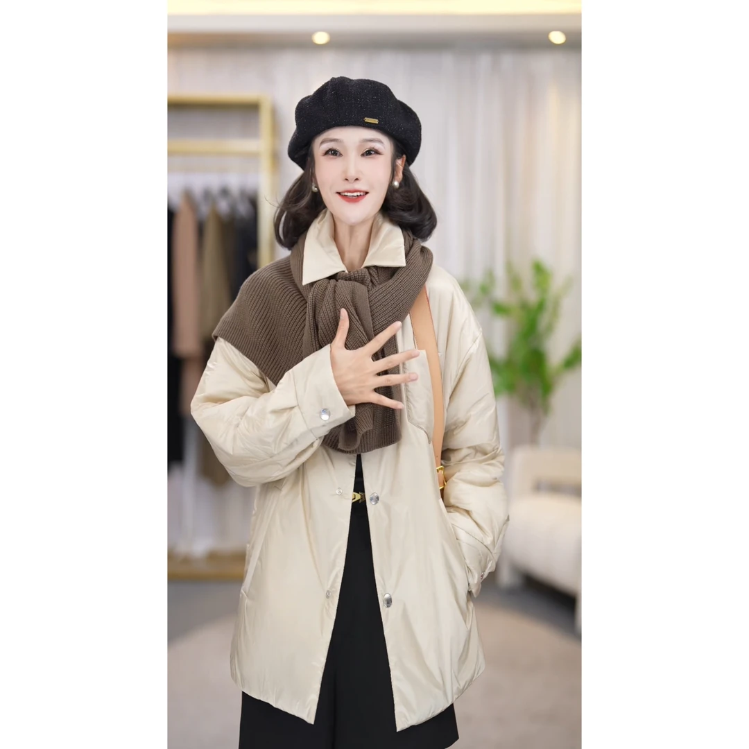阿玛施【官方正品】新雪丽软糯翻领款式单排扣长袖中长棉服5400658