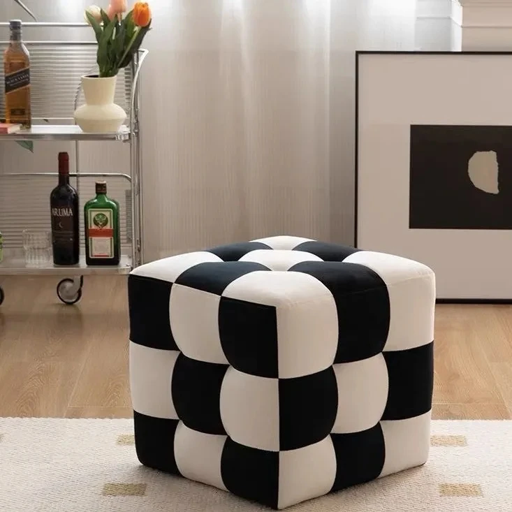 棋盘格凳子换鞋凳门口可坐网红黑白脚踏沙发凳梳妆凳矮凳魔方网红
