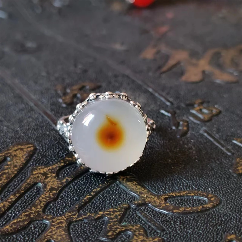 开口戒指S925银镶嵌天然玛瑙玉调节口女小众时尚女士气质古风银戒