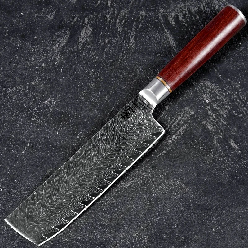 《影》67层大马士革红檀木柄鱼骨纹10cr15mov钢日式平头小菜切刀