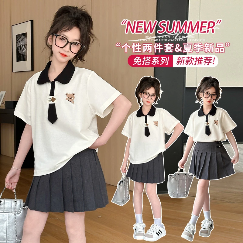 女童套装夏季POLO衫短袖2024新款中大童洋气学院风jk百褶裙两件套