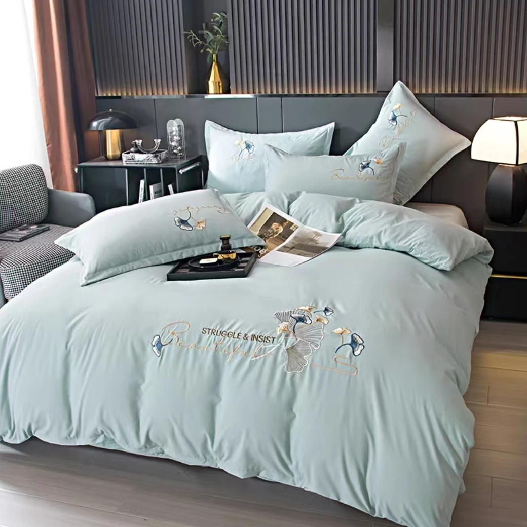 【宠粉浮力】超柔亲肤保暖银杏刺绣牛奶绒四件套-银杏/蓝