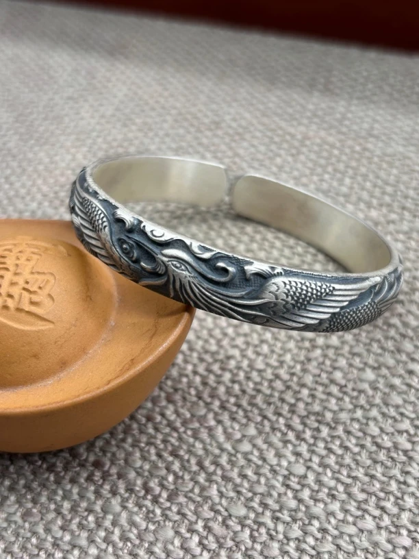 足银手镯 云南寸家银饰 足银999雪花银《凤穿牡丹》手镯做旧款窄版