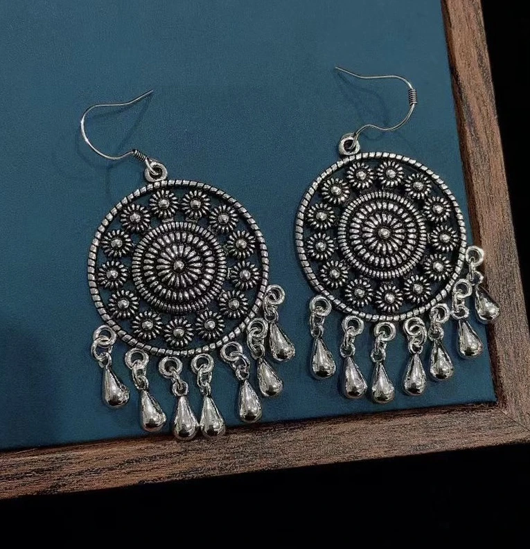 足银耳饰 云南寸家银饰 足银999 波西米亚风格耳饰 仿古做旧款