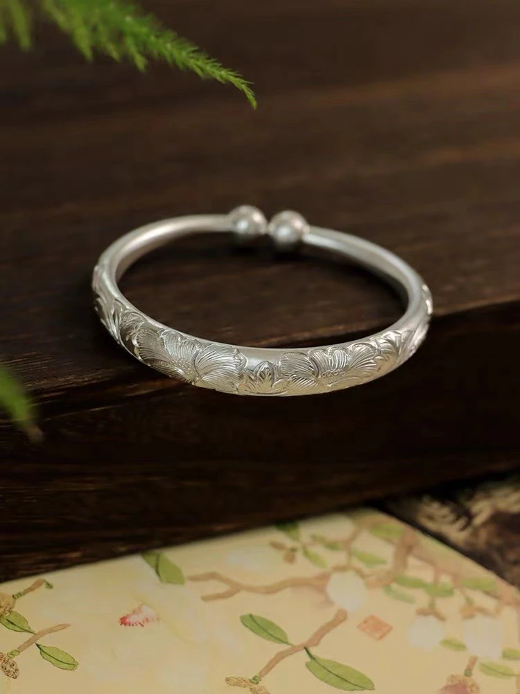 足银手镯 云南寸家银饰 足银999 纯手工雪花银芙蓉花手镯