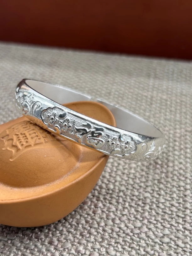 足银手镯 云南寸家银饰 足银999雪花银《吉祥如意福3》手镯