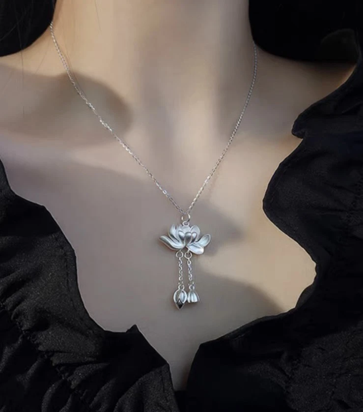 坠链均足银 云南寸家银饰 足银999雪花银本色莲花项链