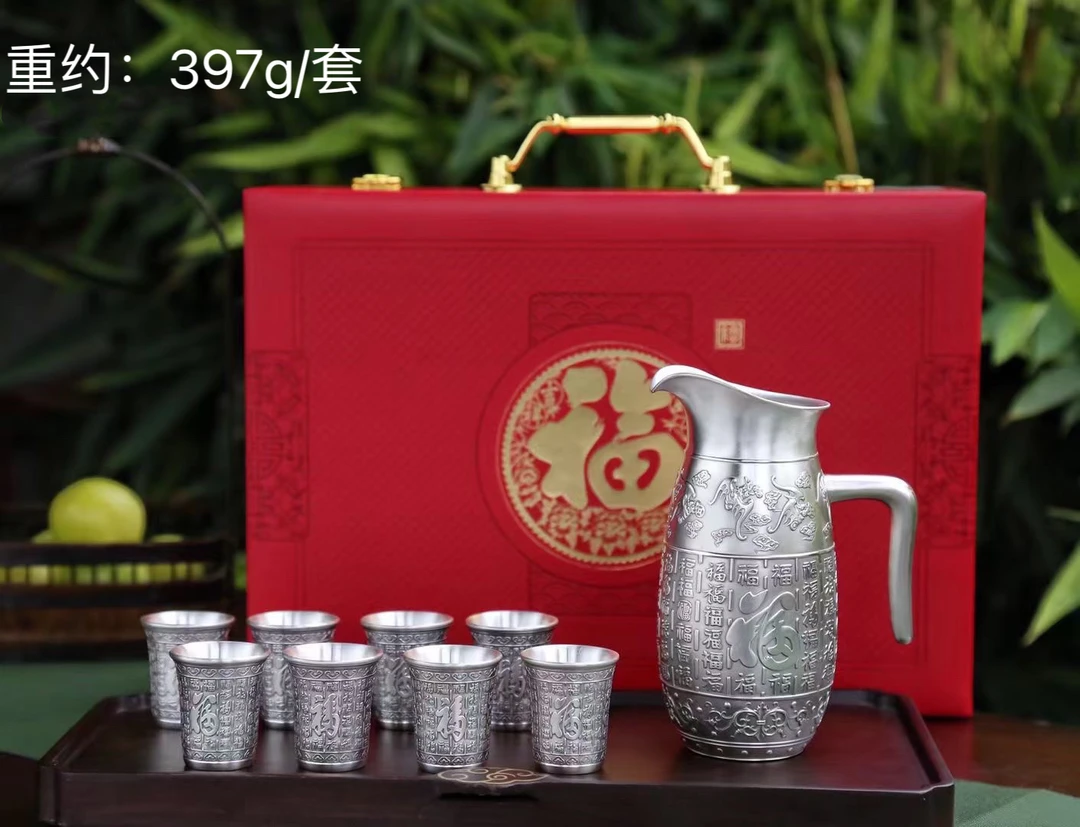 足银银制品 云南寸家银饰 足银999《百福》仿古酒具套装一壶6杯