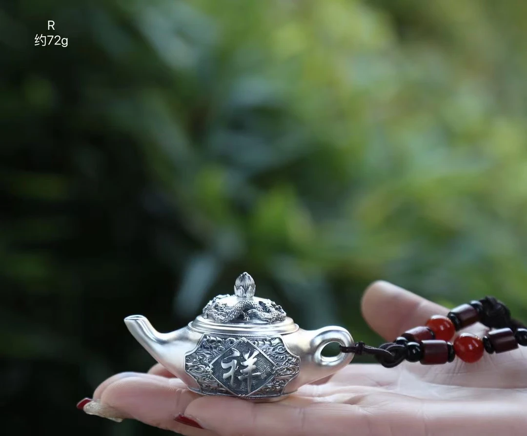 足银银制品 云南寸家银饰 吉祥双龙把把壶（把把胡）足银手把件