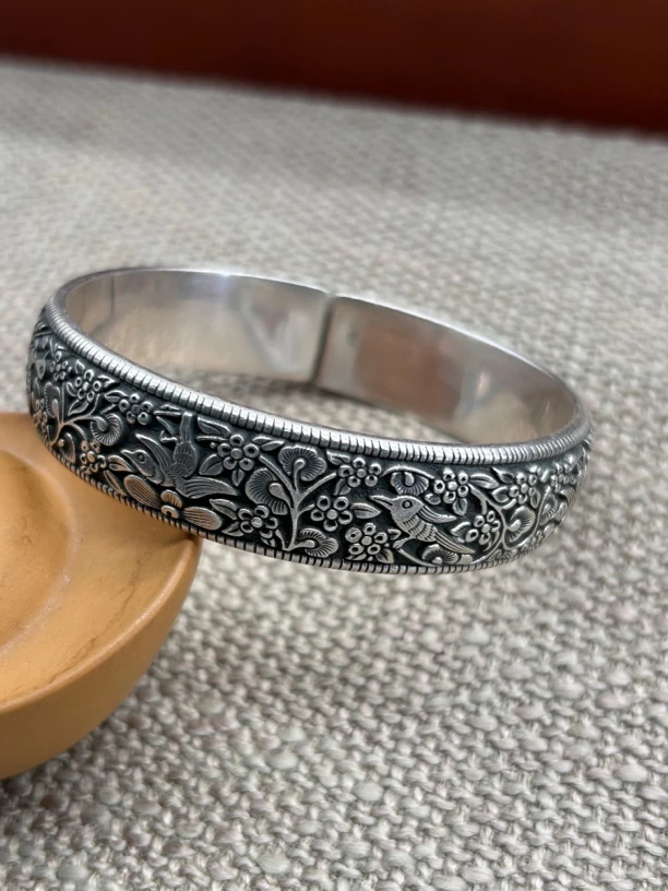 足银手镯 云南寸家银饰 足银999雪花银《喜上眉梢》手镯做旧款