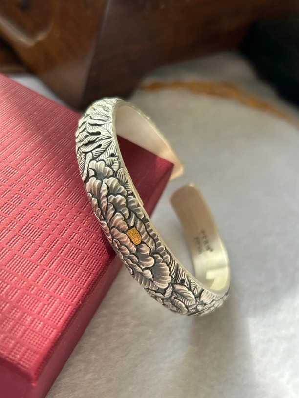 足银手镯 云南寸家银饰 足银999 纯手工《国色天香》镶嵌工艺手镯