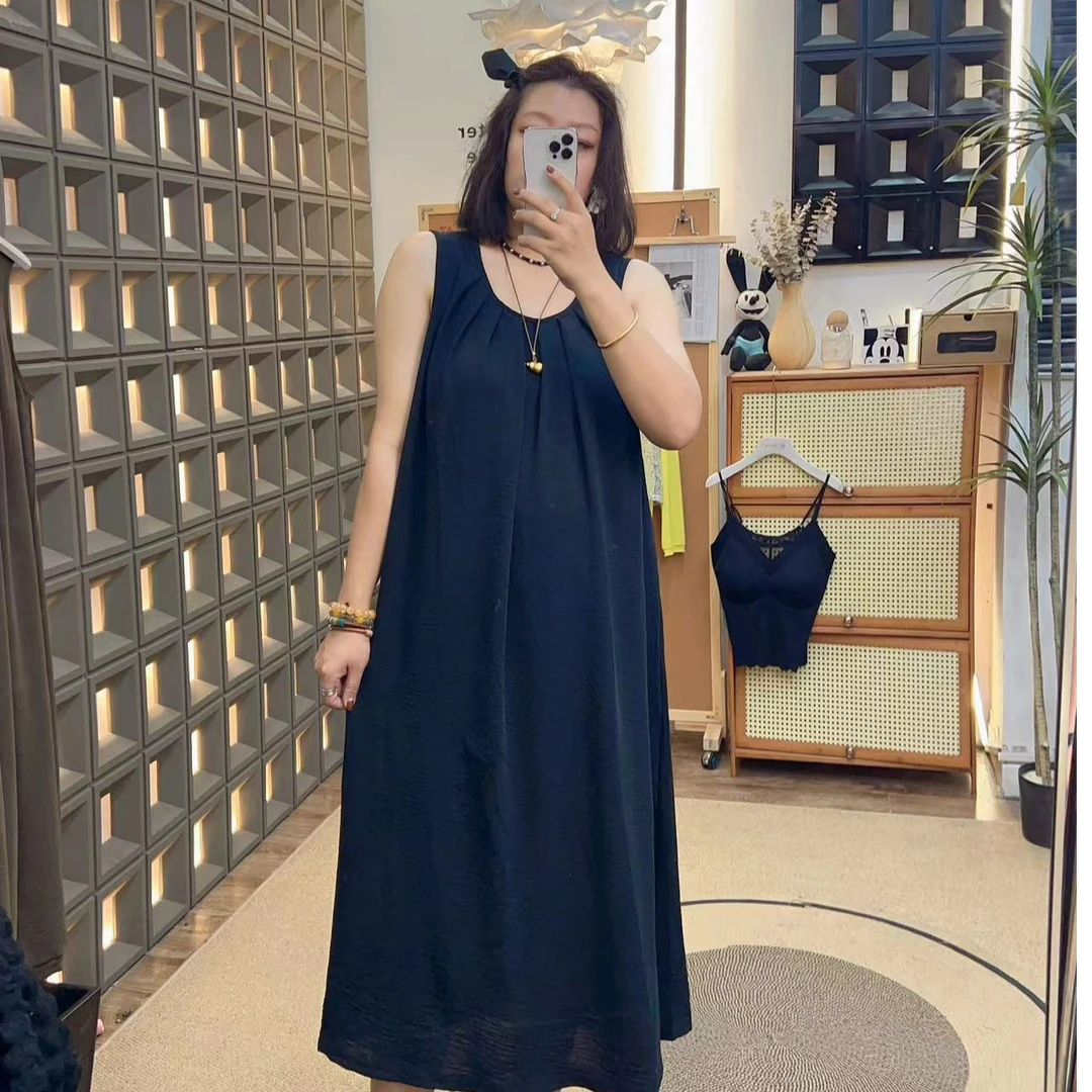 (娜娜推荐)百搭大版无袖法式后背水滴领口连衣裙(显瘦气质)纯色