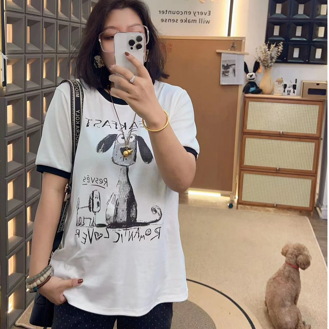 (娜娜推荐)百搭大版时尚休闲宽松半袖潮流小狗拼色T恤(圆领卡通)